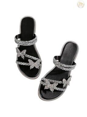 Women's Rhinestone Butterfly Strappy Flat Sandals Sparkly Slip On
